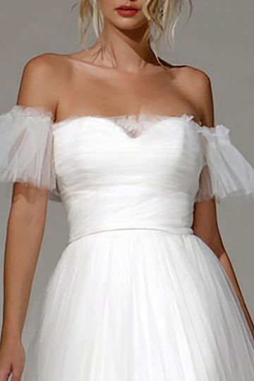 White Off the Shoulder Tulle Midi Rehearsal Dinner Dress